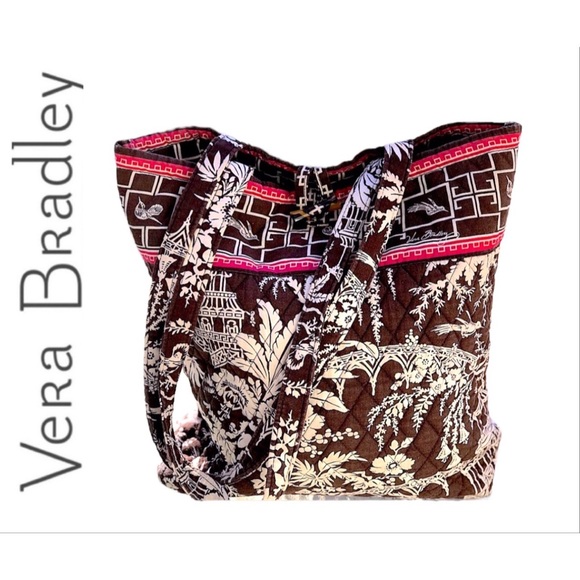 VERA BRADLEY  Large Tote in Brown Pink White Asian Inspired print with pink trim - Picture 16 of 16